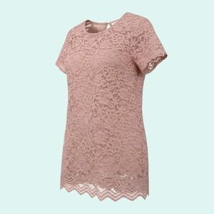 TEDDI ROSE Women's Pink Lace Scalloped Short Sleeve Top Blouse Size L